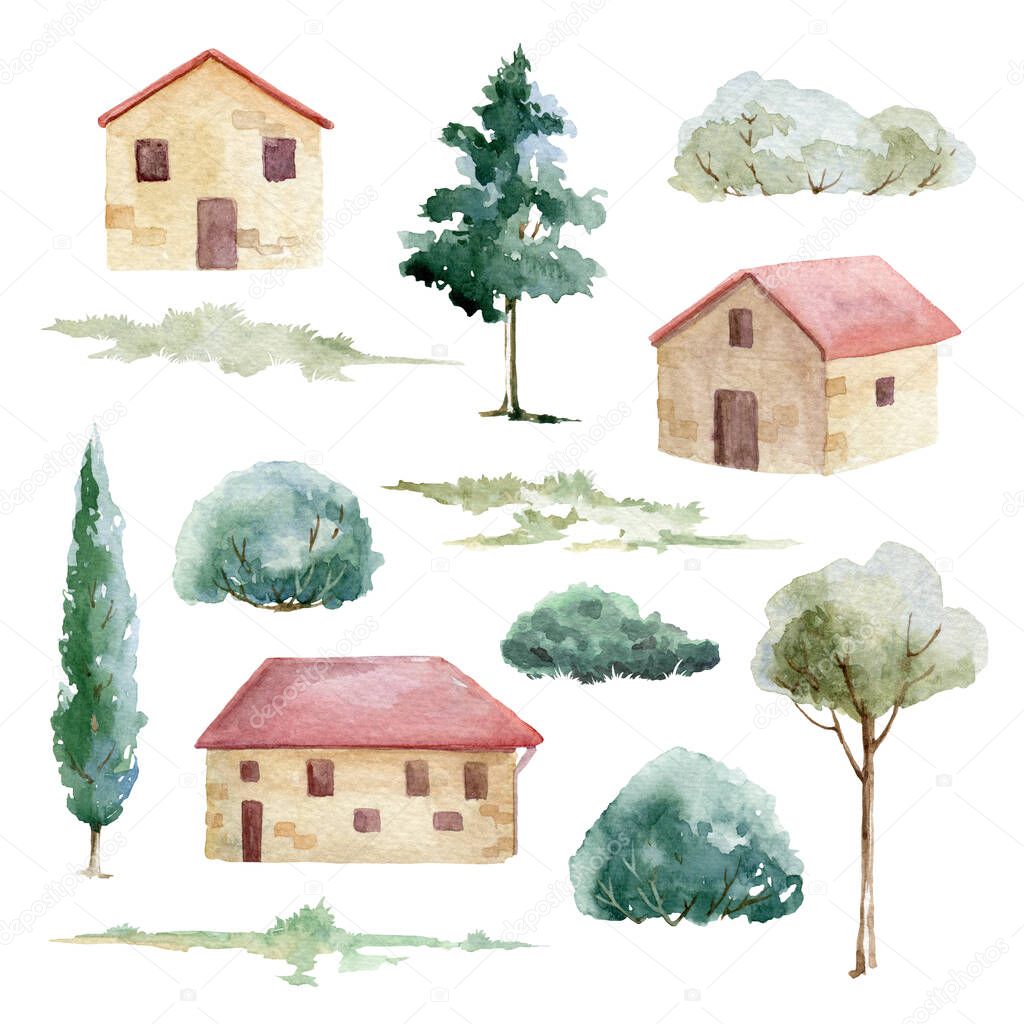 Brick house, tree and bush watercolor set image. Hand drawn various retro houses with red roof tiles, tree elements collection. Village vintage estate architecture illustrations. Cozy residence image