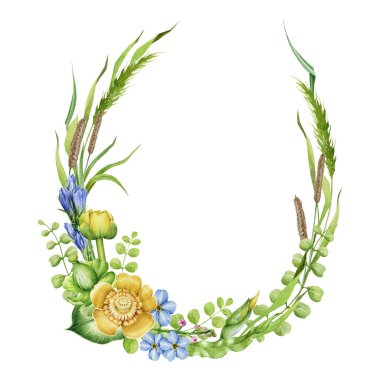 Renkli çiçekli güzel bir çiçek çelengi. Elle boyanmış suluboya resim. Beyaz arka planda izole edilmiş. Yaz ortası, yaz dekorasyonu zarif çerçeve