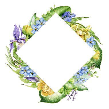 Bahar çiçeği kare çerçevesi. Parlak el dekoratif afişle çiçekler çizdi. Suluboya gerçekçi bahçe çiçekleri çerçevesi. Beyaz arka planda. Düğün davetiyesi kartpostalı. Zarif dekor ögesi