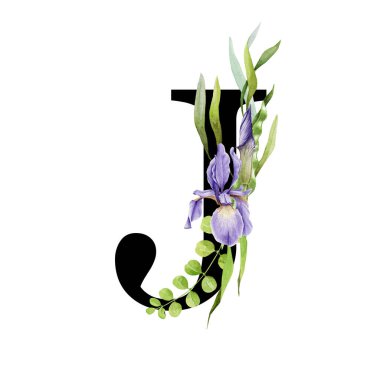 Çiçekli bahar alfabesi. Büyük harf J. Font elementi, bahar bahçesi çiçek buketleri kompozisyonu. Çiçek mektubu. Düğün davetiyeleri, bebek partisi, doğum günü, diğer fikirler. Beyaz arkaplanda