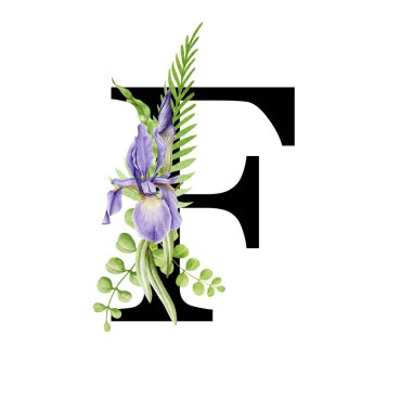 Büyük harf F. Çiçekli bahar alfabesi. Bahar bahçesi çiçek buketi kompozisyonu olan yazı tipi elemanı. Çiçek mektubu. Düğün davetiyeleri, bebek partisi, doğum günü, diğer fikirler. Beyaz arkaplanda