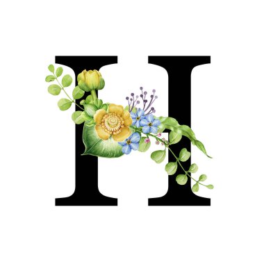 Çiçekli bahar alfabesi. Büyük harf H. Bahar Bahçesi çiçek buketleri kompozisyonlu font elementi. Çiçek mektubu. Düğün davetiyeleri, bebek partisi, doğum günü, diğer fikirler. Beyaz arkaplanda