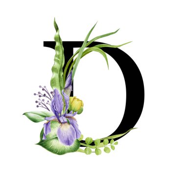 Çiçekli bahar alfabesi. Çiçek mektubu. Büyük harf D element, bahar bahçesi çiçek buketleri kompozisyonu. Düğün davetiyeleri, bebek partisi, doğum günü, diğer fikirler. Beyaz arkaplanda