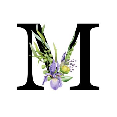 Çiçekli bahar alfabesi. Büyük harf M. Yazı tipi elementi ve bahar bahçesi çiçek buketleri kompozisyonu. Çiçek mektubu. Düğün davetiyeleri, bebek partisi, doğum günü, diğer fikirler. Beyaz arkaplanda