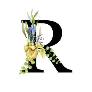 Pozisyon. Çiçekli bahar alfabesi. Büyük harf R. Bahar Bahçesi çiçek buketleri pamuklu font elementi. Düğün davetiyeleri, bebek partisi, doğum günü, diğer fikirler. Beyaz arkaplanda