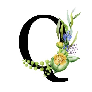 Çiçekli bahar alfabesi. Büyük harf Q. Yazı tipi elementi ve bahar bahçesi çiçek buketleri kompozisyonu. Çiçek mektubu. Düğün davetiyeleri, bebek partisi, doğum günü, diğer fikirler. Beyaz arkaplanda