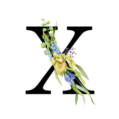 Çiçekli bahar alfabesi. Büyük harf X. Yazı tipi elementi, bahar bahçesi çiçek buketleri kompozisyonu. Çiçek mektubu. Düğün davetiyeleri, bebek partisi, doğum günü, diğer fikirler. Beyaz arkaplanda