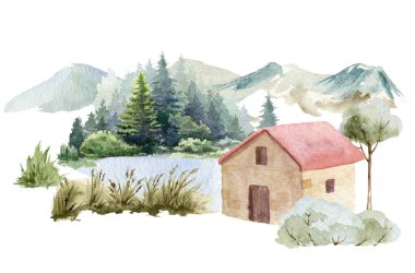 Dağ manzarasında kırmızı kiremitli, klasik tuğladan bir ev. Suluboya resimli eski köy evi. Geriye dönük tuğla ev ve köknar ağaçları. Küçük göletli el çizimi köy dairesi