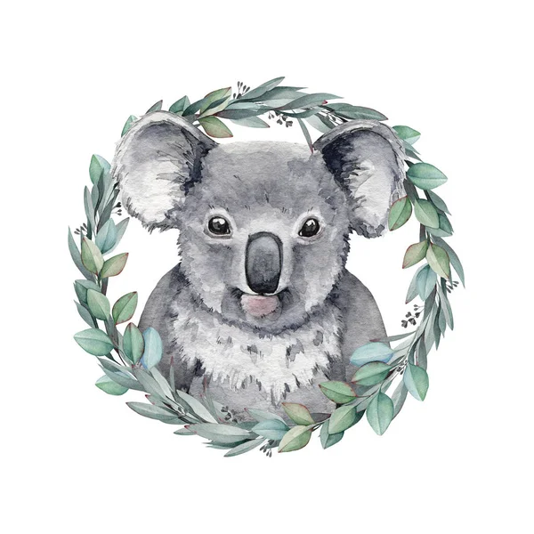 Koala bear and eucalyptus wreath. Elegant Australia decor. Cute grey koala decoration. Watercolor illustration. Hand drawn Australia native animal. Eucalyptus lovely wreath on white background