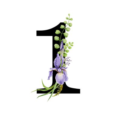 Çiçekli bahar alfabesi. Bir numara. Bahar bahçesi çiçek buketi kompozisyonu olan yazı tipi elemanı. Bir numaralı çiçek. Düğün davetiyeleri, bebek partisi, doğum günü, diğer fikirler. Beyaz arkaplanda