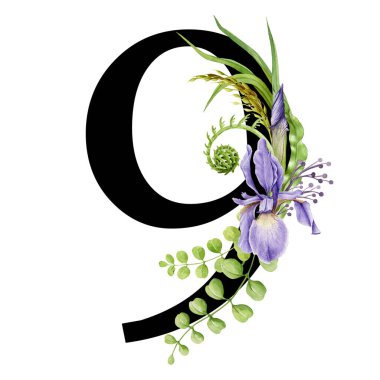 Çiçekli bahar alfabesi. 9 numara. Bahar bahçesi çiçek buketi kompozisyonu olan yazı tipi elemanı. Dokuz numaralı çiçek. Düğün davetiyeleri, bebek partisi, doğum günü, diğer fikirler. Beyaz arkaplanda