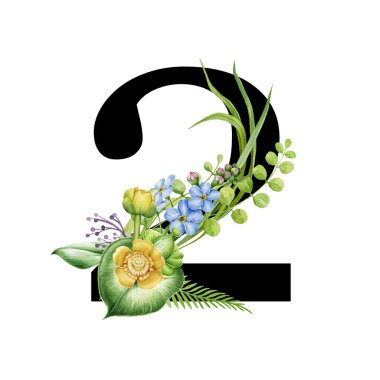 Çiçekli bahar alfabesi. Bir numara. Bahar bahçesi çiçek buketi kompozisyonu olan yazı tipi elemanı. Bir numaralı çiçek. Düğün davetiyeleri, bebek partisi, doğum günü, diğer fikirler. Beyaz arkaplanda