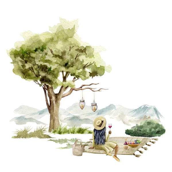 Picnic outdoors scene. Young girl sitting with a glass of wine under the tree. Watercolor illustration. Single woman relaxing on the cover. Self care girl posing element. Isolated on white background