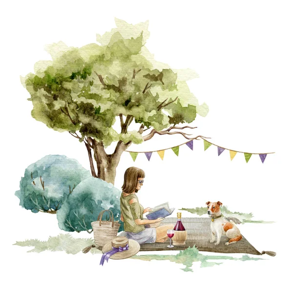 Young girl sitting with a book under the tree. Picnic outdoors scene. Watercolor illustration. Single woman relaxing with book. Self care girl posing element. Isolated on white background