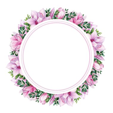 Manolya çiçeği yuvarlak çerçeve. Suluboya çizimi. Yumuşak pembe manolya çiçeği süslemesi. Bahar çiçeklerinin yeşil yapraklı zarif çelenkleri. Beyaz arkaplanda davet için yuvarlak çerçeve