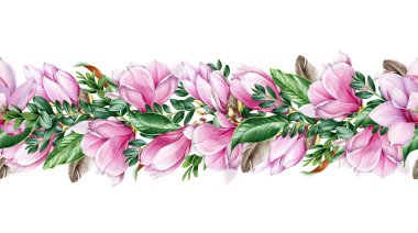 Manolya çiçeği ve yapraksız sınır. Suluboya çizimi. Gerçekçi, zarif, kusursuz sınır unsuru. Yumuşak pembe manolya çiçeği ve buxus yaprağı dekoru. Bitmek bilmeyen süs çiçekleri.