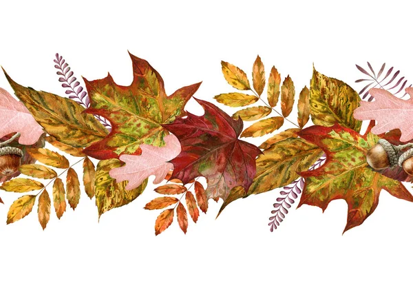 노란 단풍 잎은 바다가 없는 국경이다. 워터 컬러 일러스트. 빨강, 주황 색은 끝없는 장식을 남긴다. 밝은 가을 잎은 무미건조 한경 계를 이룬다. 흰 배경 위 에서 — 스톡 사진