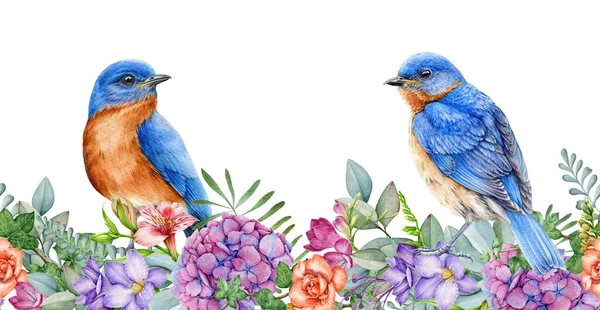 Eastern bluebirds with garden flowers. Seamless border. Spring watercolor image. Bright garden blossoms with tiny songbirds. Elegant spring border. Lush flowers and birds on white background