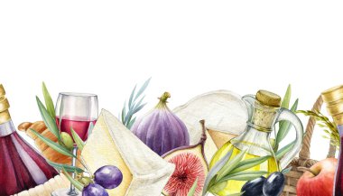 Gastronomi Akdeniz 'in kusursuz sınırı. Peynir, şarap, incir, zeytin, üzüm sonsuz süsleme. Suluboya çizimi. Lezzetli aperatifler ve şarapsız sınırlar. Beyaz arka planda yemek ve şarap