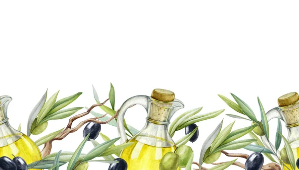 Oliver gren, frukt, blad, olja sömlös gräns. Svart och grön rå ekologisk olivväxt ändlöst element. Medelhavsdekor. olivkvist med gröna blad och frukt element på en vit bakgrund — Stockfoto