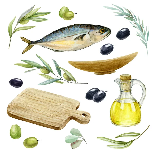 Sea fish, herbs, olives set. Watercolor illustration. Mediterranean tasty fresh food collection. Realistic food element. Healthy organic mackerel fish, herbs, wood cutting board. On white background