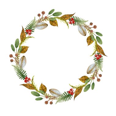 Çiçekli doğal çelenk suluboya çizimi. Orman yaprakları, otlar, eğrelti otları ve kırmızı böğürtlenlerden oluşan zarif mevsimsel kırsal dekor. El yapımı orman çelengi. Beyaz arkaplanda şenlik dekorasyonu