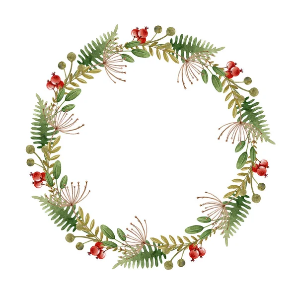 Floral natural wreath. Watercolor illustration. Elegant seasonal round rustic decor from fern, leaves, forest herbs and red berries. Hand drawn forest wreath. Festive decoration on white background — Stock Photo, Image