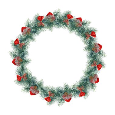 Kış festivali çelengi. Yuvarlak çam ağacı, kırmızı kurdeleli mevsimlik dekorasyon, külahlar. Suluboya çizimi. Noel köknar ağacı çelengi. Kış yeşili Noel dekor elementi. Beyaz arkaplan