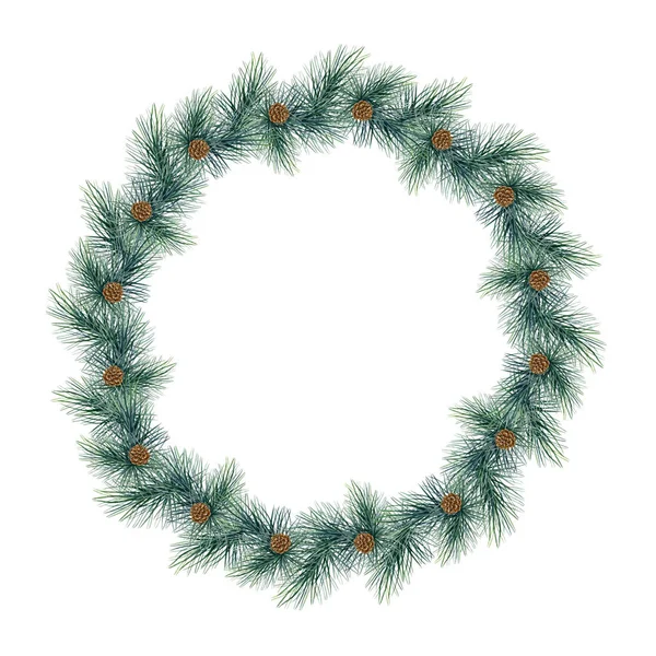 Pine festive wreath. Round Christmas tree seasonal decoration. Watercolor illustration. Christmas evergreen holiday wreath. Winter green natural decor element. White background — Stock Photo, Image