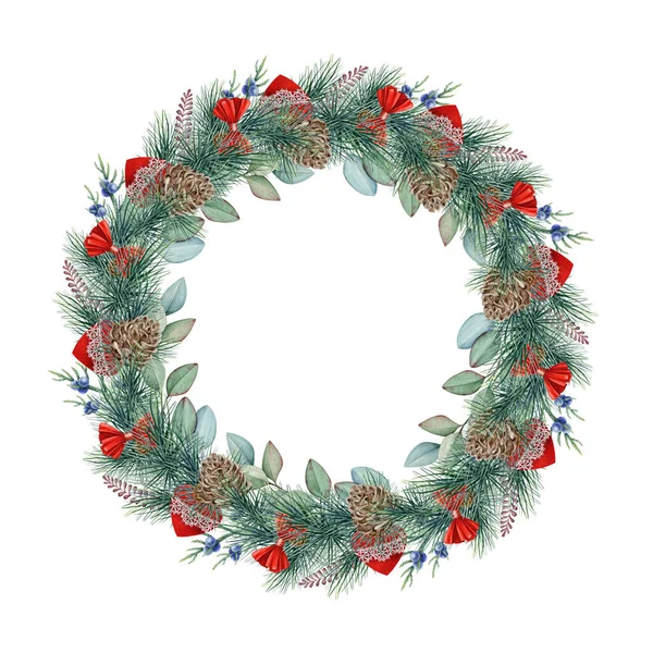 Festive winter wreath. Round pine tree seasonal decoration with red ribbon, cones. Watercolor illustration. Christmas evergreen holiday wreath. Winter green natural decor element. White background — Stock Photo, Image