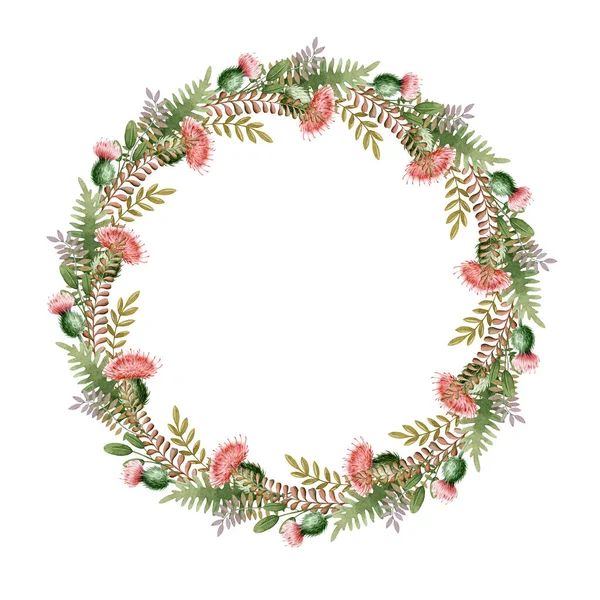 Floral natural boho wreath. Seasonal autumn elegant frame. Hand drawn rustic elegant round frame. Countryside wreath with fern, thistle flowers, evergreen herbs, leaves. Natural festive round decor — Stock Photo, Image