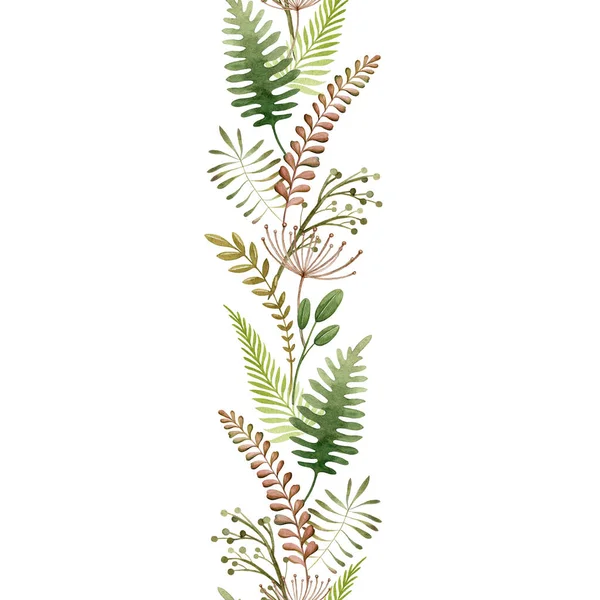 Fougère verte et herbe forestière frontière sans couture. Illustration aquarelle. Herbe bio naturelle à l'ornement élégant. Bordure végétale biologique dessinée à la main. Élégant décor sans couture. Isolé sur fond blanc — Photo