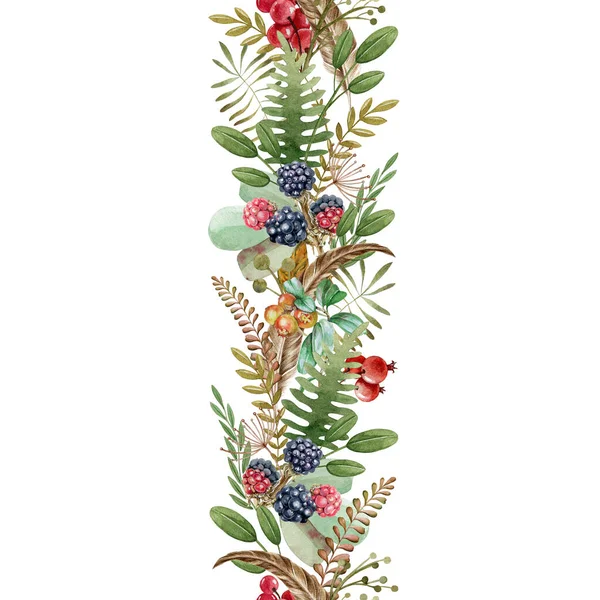 森の果実とハーブの花のシームレスな境界。水彩イラスト。ナチュラルブラックベリー、カウベリーエレガントな装飾。手描きの森シームレスな境界線。自然の果実、白い背景に葉 — ストック写真