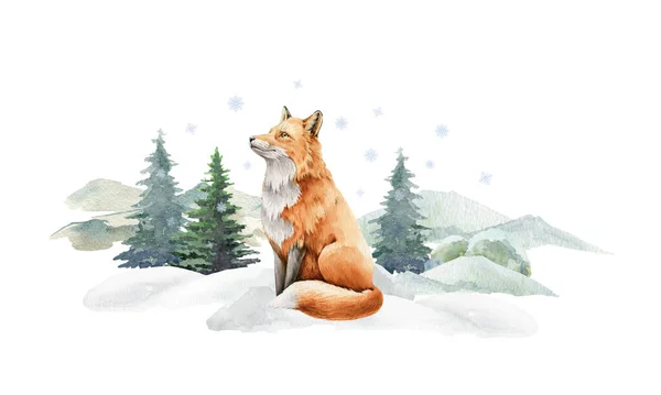 Fox animal in winter landscape. Watercolor illustration. Wild cute red fox in winter forest. Festive image print. Furry animal with red fur on white snow and fir trees. Side view forest animal — Stock Photo, Image