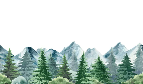 Mountain landscape seamless border. Watercolor illustration. Hand drawn realistic wild nature pine, mountain scene border. Green forest endless element. Northern nature border on white background — Stock Photo, Image