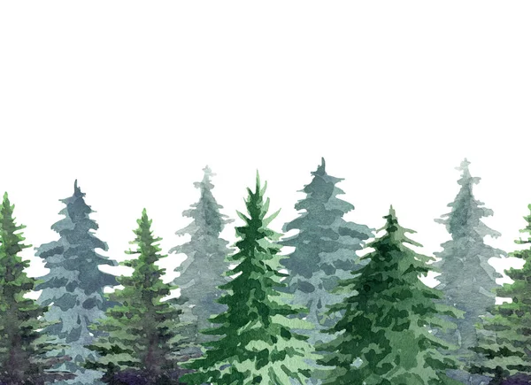 Fir tree seamless border. Watercolor illustration. Hand drawn realistic lush pine border. Green forest plant endless element. Christmas tree border on white background. Evergreen spruce tree forest — Stock Photo, Image