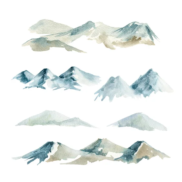 Alcance montês. Ilustração aquarela. Elemento de colina nevado desenhado à mão. Coleção de montanhas rochosas. Azul alta montanha paisagem isolada no fundo branco — Fotografia de Stock