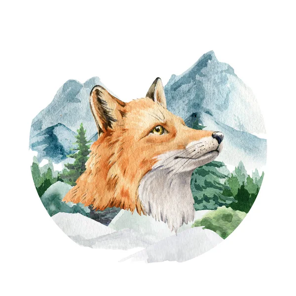 Fox portret in het wilde berglandschap. Aquarelillustratie. Wilde schattige rode vos in het bos winter scene. Zijaanzicht portret. Feestelijke afdruk. Harig dier in berglandschap, dennenbomen — Stockfoto