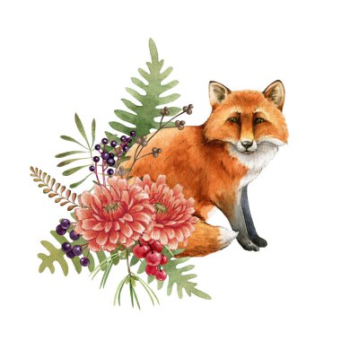 Fox animal floral arrangement. Watercolor illustration. Wild cute red fox with autumn flowers and forest herbs. Furry animal with red fur, wild herbs. Rustic decoration. Side view forest animal