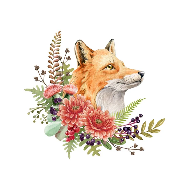 Liščí květinové aranžmá. Ilustrace akvarelů. Divoká červená liška zvíře podzimní květiny, lesní bobule. Chlupaté zvíře s červenou srstí, divoké bylinky. Rustikální dekorace. Boční pohled lesní zvíře — Stock fotografie