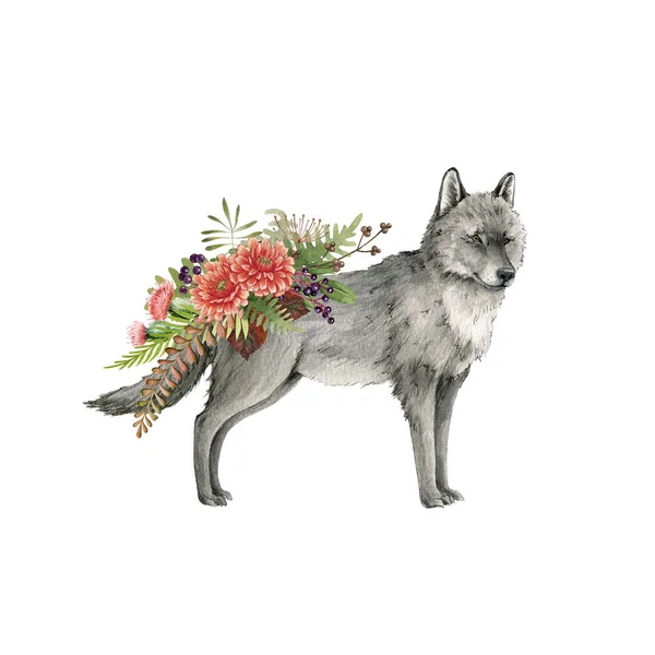 Wolf animal with autumn forest flowers. Watercolor illustration. Wild standing wolf. Floral arrangement decor. Furry grey animal with forest herbs, fern, berries. Side view forest animal decoration — Stock Photo, Image