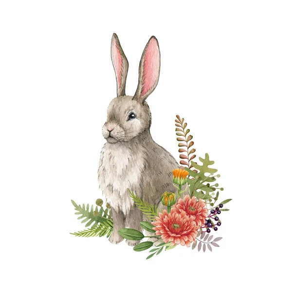 꽃을 가진 웃긴 토끼. 워터 컬러 일러스트. 하얀 배경에 귀여운 토끼 꽃꽂이라니. 토끼 꽃 과 풀밭 허브. 푹신 한 토끼 측면시야. 자연스럽게 손으로 그린 설화 재료 — 스톡 사진