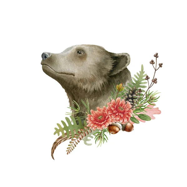 Niedźwiedź portret dekoracji kwiat. Ilustracja akwareli. Dziki niedźwiedź grizzly jesienne kwiaty zwierząt, jagody leśne. Niedźwiedź leśny z dzikimi ziołami. Rustykalny układ kwiatowy. Element boczny — Zdjęcie stockowe