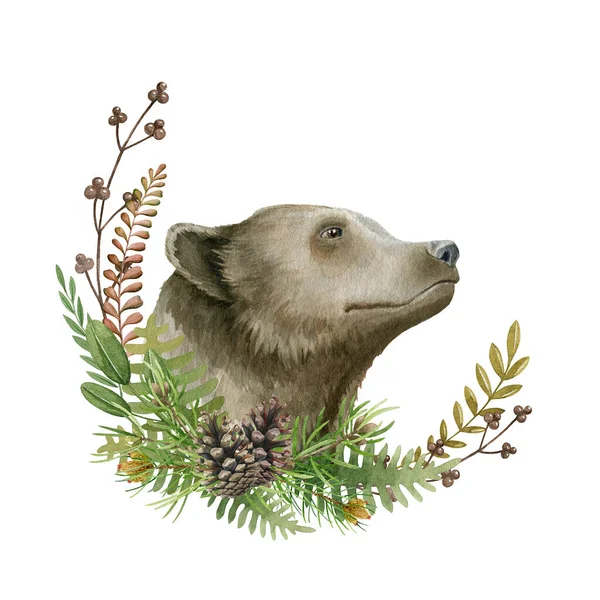 Medve portré virág elrendezése. Akvarell illusztráció. Vadon élő grizzly medve állat őszi virágok, erdei bogyók. Erdei medve vad gyógynövénykoszorúval. Rusztikus dekoráció. Oldalsó nézet állati dekoráció — Stock Fotó