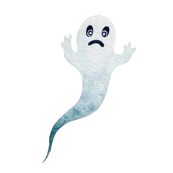 Engraçado fantasma aquarela ilustração. Elemento assustador dos desenhos animados fantasma. Mão desenhado espírito halloween símbolo de horror tradicional. Fantasma bonito assustador no fundo branco — Fotografia de Stock