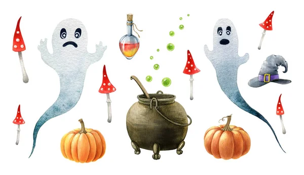 Halloween cartoon set. Hand drawn watercolor spooky funny elements. Halloween funny ghost, pumpkin, witch kettle, potion objects. Creepy scary symbol template on white background