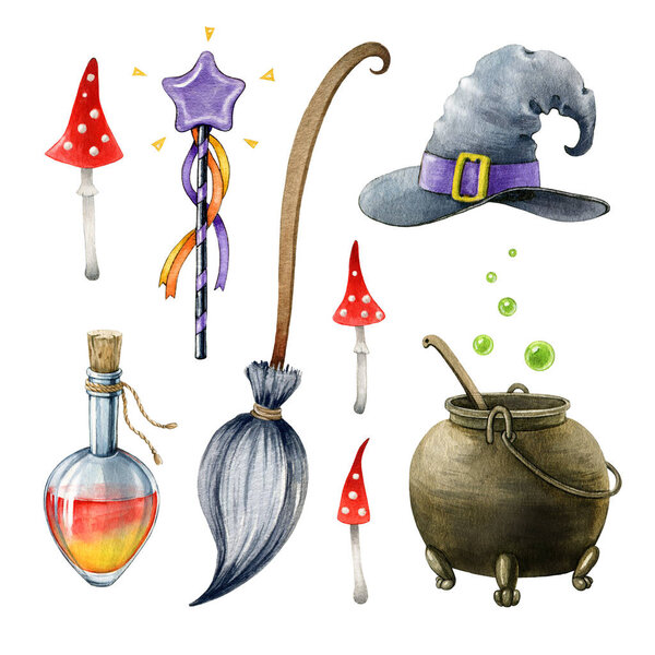 Witch halloween watercolor cartoon set. Hand drawn spooky funny element collection. Halloween witch broom, magic wand, witch kettle, potion objects. Creepy scary symbol template on white background