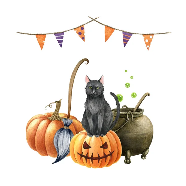 Черная кошка на тыкве. Акварель на Хэллоуин. Черная кошка на страшной тыквенной голове, метле, зельевом чайнике, декоре флагов. Элемент Хэллоуина. Жутко смешной осенний декор. Белый фон — стоковое фото