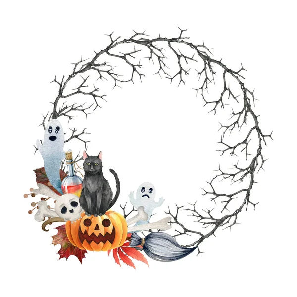 Страшный венок на Хэллоуин. Акварель. Ручной рисунок жуткий круглый декор с черной кошкой, тыквой, призраком, метлой, зельем, ветвями. Хэллоуинский праздничный венок из виноградной лозы. Белый фон — стоковое фото