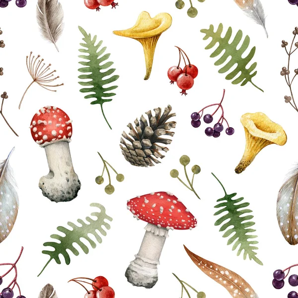 Wild forest herbs, mushroom seamless pattern. Watercolor illustration. Hand drawn wild agaric mushroom, herbs, fern, berries cone. Seamless pattern for fabric, paper, tixtile print. White background